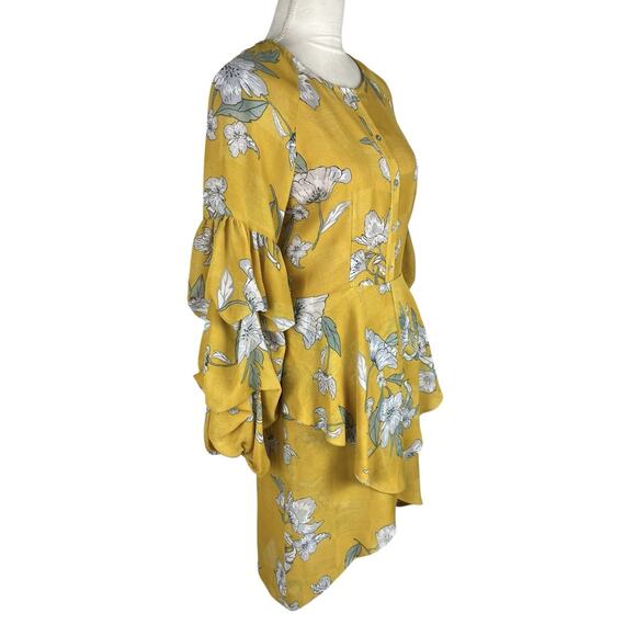 CHRISELLE x JOA Yellow Grey Floral Tiered Puff Sleeve Dress Size Medium No Belt - Picture 3 of 7